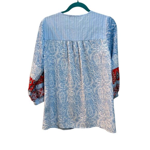 Calessa Shirt Womens Small Blue Embroidered Boho Peasant Tunic Top 3/4 Sleeve - Picture 3 of 5